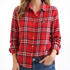 Superdry Red Plaid Button Down Shirt Women’s US 8 UK 12 Flannel Top Classic
